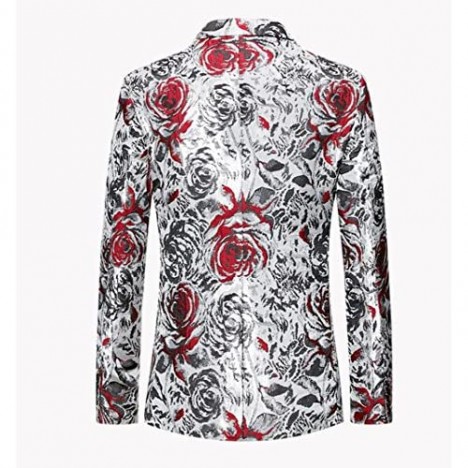 MOGU Mens Fashion White Floral Printed Suit Jacket Slim Fit Sport Coat Blazers