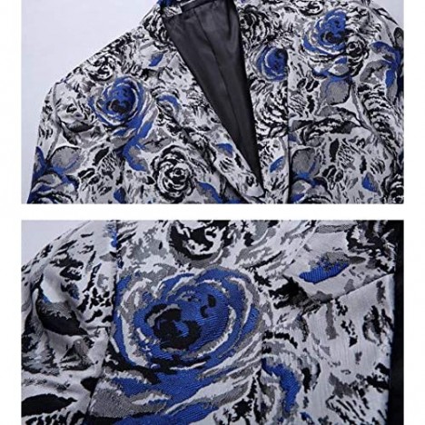 OUYE Men's Casual Blue Black Rose Print Sport Coat