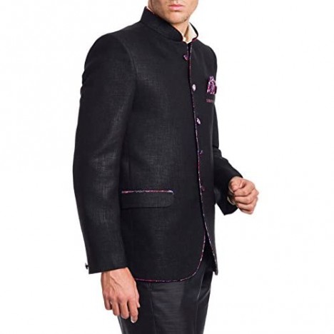WINTAGE Men's Linen Blend Wedding Nehru Mandarin Blazer - Black