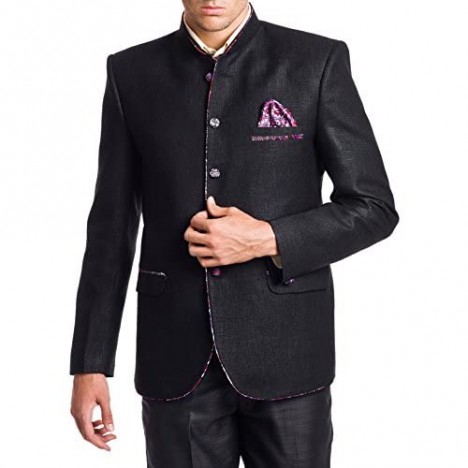 WINTAGE Men's Linen Blend Wedding Nehru Mandarin Blazer - Black