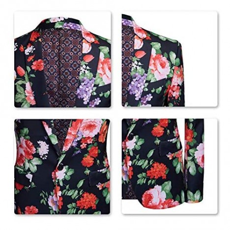 YFFUSHI Mens 2 Piece Slim Fit Suit Fashion Floral Print One Button Notched Lapel Jacket Blazer & Trousers