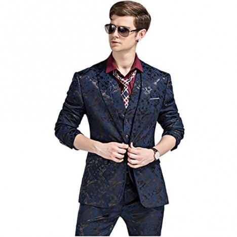 YFFUSHI Mens One Button Tailoring Floral 3 Piece Slim Fit Suit