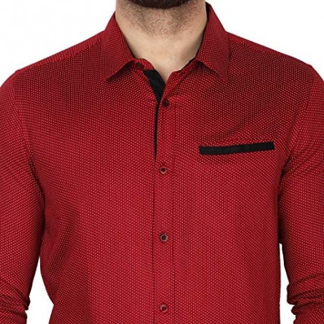 SKAVIJ Men's Polka Dot Print Shirt Classic Slim Fit Contrast Inner Long Sleeve Dress Shirts