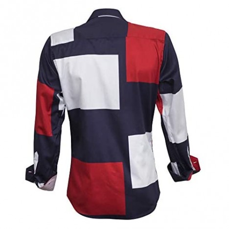 Xoos Paris - Men Fitted Shirt Long Sleeves French Collar - Red/Dark Blue/White