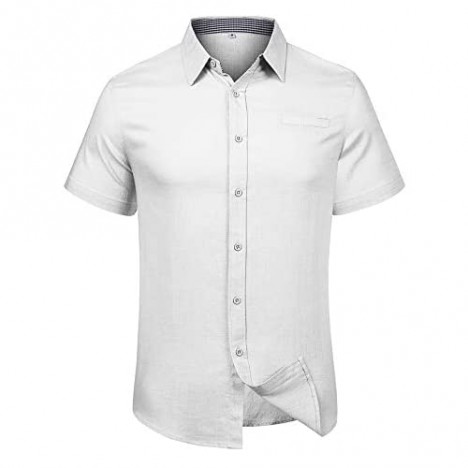 LecGee Men's Regular Fit Short Sleeve Linen Cotton Shirt Casual Button Down Beach Shirt White