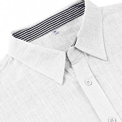LecGee Men's Regular Fit Short Sleeve Linen Cotton Shirt Casual Button Down Beach Shirt White
