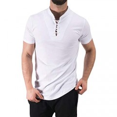 Zuoyouzi Men's Casual Short Sleeve T-Shirts Slim Fit Lace Up Stand Collar Plain Tees T Shirts