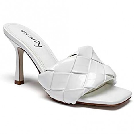 vivianly Women Square toe Weave Sandals Slip On Mules Stiletto Heel Daily Dress Shoes