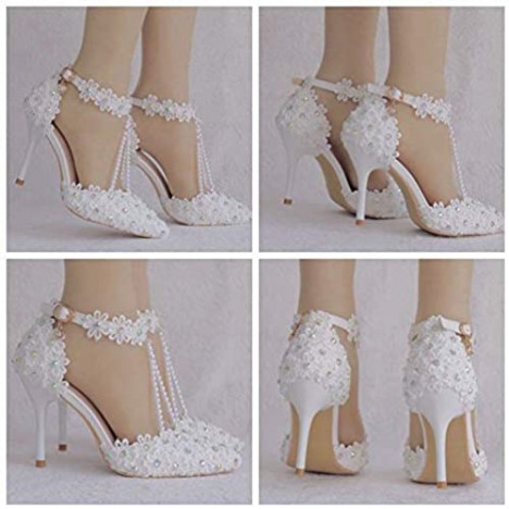 Women Ankle Strap High Heels Sandals White Lace Rhinestone Beading Wedding Shoes Pointed Toe Bridal Shoes