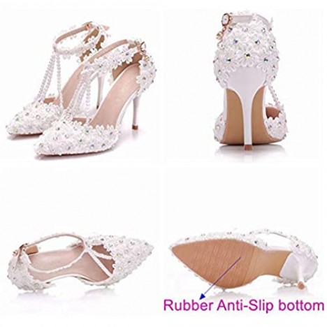 Women Ankle Strap High Heels Sandals White Lace Rhinestone Beading Wedding Shoes Pointed Toe Bridal Shoes