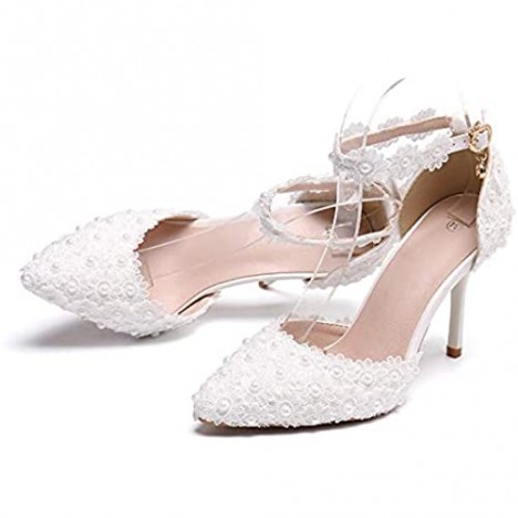 Yihongmeiqi HUIERXIEYE Women's White Dress Sandals Fashion high Heels lace Pearl Wedding high Heels Flowers Banquet Dress Shoes a Pair