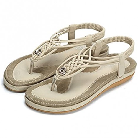 gracosy Summer Sandals for Women Beach Sandals Flats Flip Flops T-Strap Bohemian Sandals Clip Toe Elastic Slip on