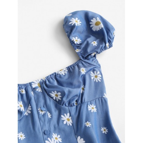 Chambray Daisy Print Puff Sleeve Milkmaid Dress