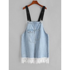 Flap Pocket Lace Trim Overall Jean Dress