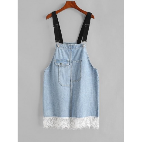 Flap Pocket Lace Trim Overall Jean Dress