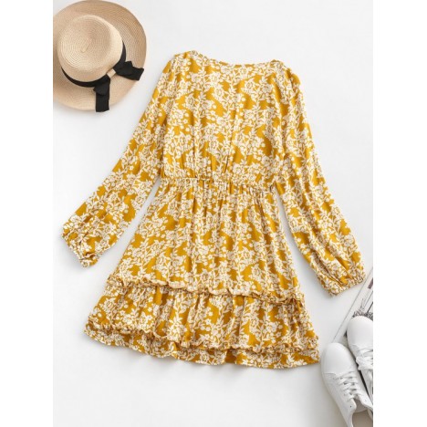 Floral Tie Front Ruffles Long Sleeve Dress