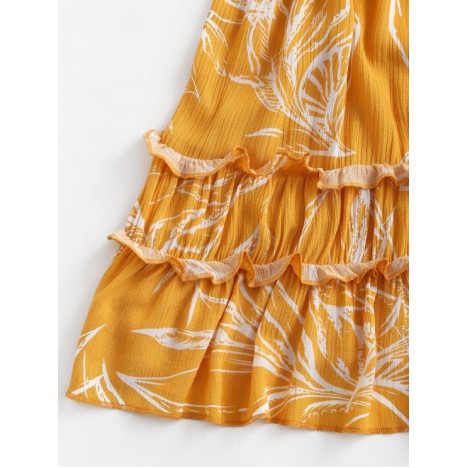 Leaf Print Crinkly Frilled Bandeau Dress
