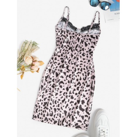 Leopard Slinky Lace Trim Bodycon Slip Bustier Dress