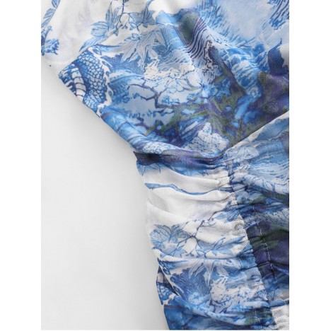 Mesh Dragon Print Ruched Oriental Cami Dress