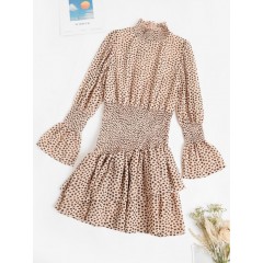 Smocked Spotted Print Poet Sleeve Layered Dress