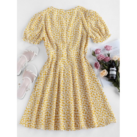 ZAFUL Plunge Tiny Floral Puff Sleeve Dress