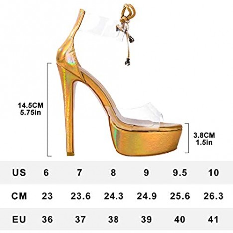 OLCHEE Women's Clear Ankle Strap Platform Sandals - Transparent Lace Up Chunky High Heels