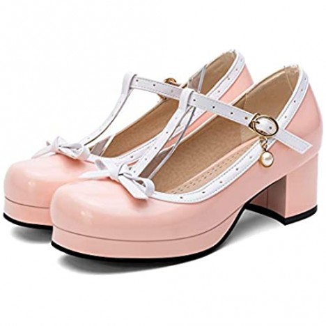 100FIXEO Women Sweet Patent Leather Chunky Heel Lolita Shoes Buckle Strap Bow Cosplay Platform Mary Jane T Strap Round Toe Comfort Dress Pumps