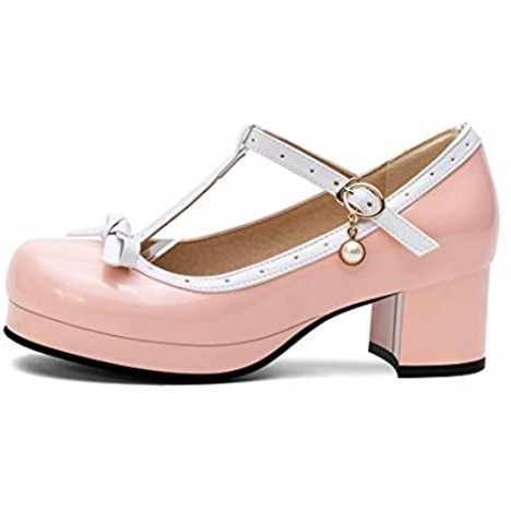 100FIXEO Women Sweet Patent Leather Chunky Heel Lolita Shoes Buckle Strap Bow Cosplay Platform Mary Jane T Strap Round Toe Comfort Dress Pumps