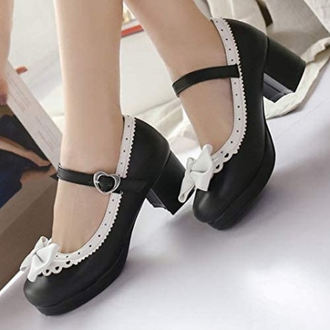 AIMODOR Womens Cosplay Lolita Shoes Platform Mary Jane Ankle Strap Chunky Heel with Bows