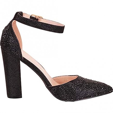 Cambridge Select Women's Pointed Toe D'Orsay Ankle Strap Glitter Crystal Rhinestone Chunky Block Heel Pump