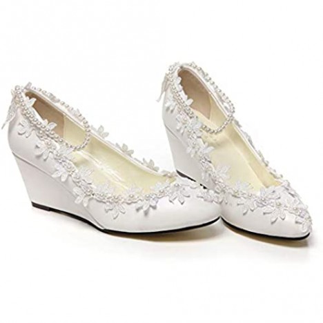 getmorebeauty Women's Wedding Shoes Wedge Flowers Pearls Mary Janes Bridal Heels