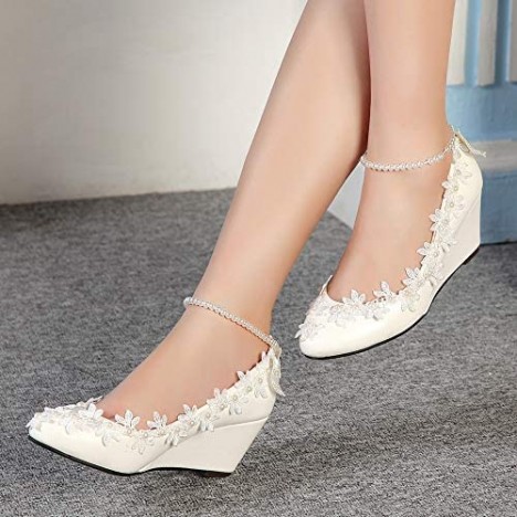 getmorebeauty Women's Wedding Shoes Wedge Flowers Pearls Mary Janes Bridal Heels
