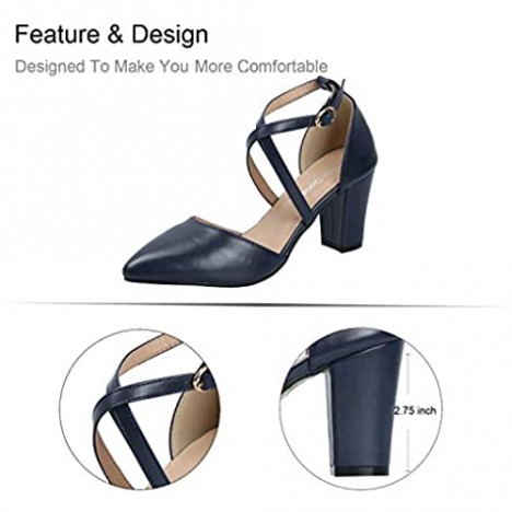KeBuLe Women's Navy Cross Strap Pumps Middle Block Heels Dress Shoes US Size 6.5