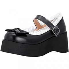KOKOMOMO Womens Cute Goth Lolita Shoes Bow Platform Mary Janes Gothic Wedge Shoes