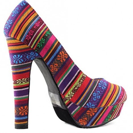 TOP Moda Women's Multi Color Tribal Stripes Round Platform Chunky High Heel Pump Fashion Shoes