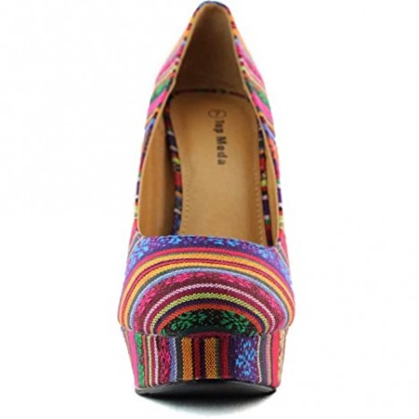 TOP Moda Women's Multi Color Tribal Stripes Round Platform Chunky High Heel Pump Fashion Shoes