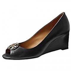 Tory Burch Claire Wedge 65MM Open Toe Calf Leather (8.5 Perfect Black)