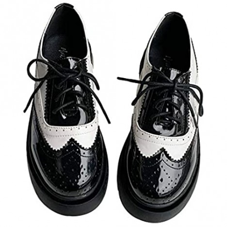AIMODOR Womens Lace Up Wingtip Oxford Patent Leather Chunky Heel Brogue Shoes