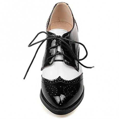 AIMODOR Womens Oxford Wingtip Lace Up Block Heel Pointed Toe Shoes