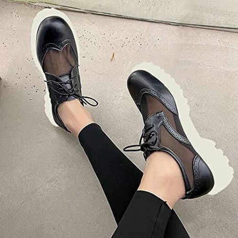 KOKOMOMO Womens Wingtip Low Heel Platform Loafers Chunky Vintage Lace Up Flats
