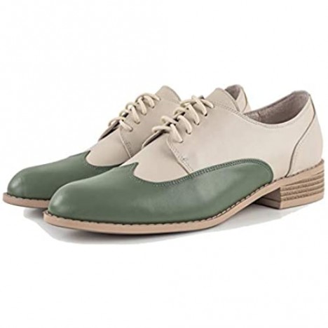 U-lite Womens Pointed-Toe Wintip Brouge Oxford Shoes Open-Vamp Vintage Shoes Green and Brown