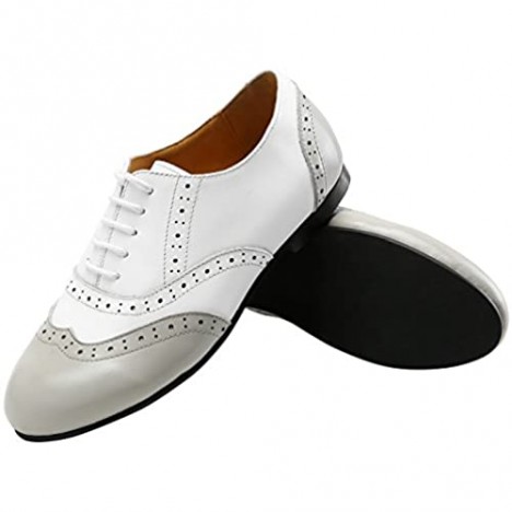Ulite Lady's Two Tone Genuine Leather Perforated Wing Tip Lace Up Flat Oxfords Spring Summer Shoes