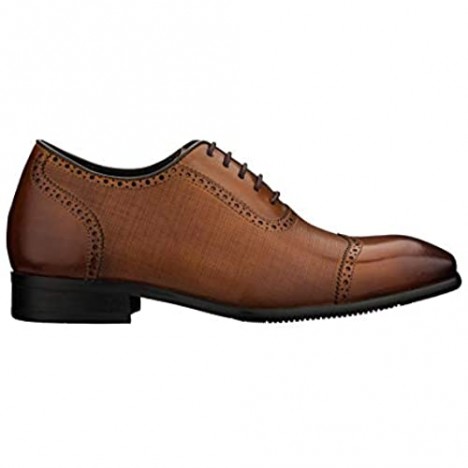 CALTO Men's Invisible Height Increasing Elevator Shoes - Brown Premium Leather Lace-up Wing-tip Formal Oxfords - 2.4 Inches Taller - Y1066