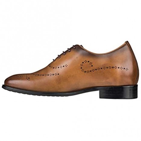 CALTO Men's Invisible Height Increasing Elevator Shoes - Premium Leather Lace-up Brogue Medallion Wing-tip Seamless Cut Formal Oxfords - 2.8 Inches Taller