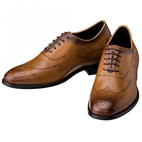 CALTO Men's Invisible Height Increasing Elevator Shoes - Premium Leather Lace-up Brogue Medallion Wing-tip Seamless Cut Formal Oxfords - 2.8 Inches Taller