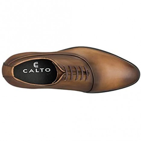 CALTO Men's Invisible Height Increasing Elevator Shoes - Premium Leather Lace-up Formal Oxfords with Faux Leather Sole - 2.8 Inches Taller