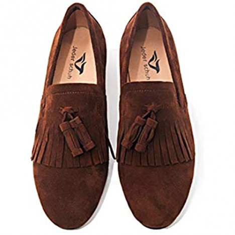 Jeder S Mens Suede Loafers Shoes for Men Handmade Brown Shoes with Classical Brogue Tassel Party Flat Smoking Slippers Loafer