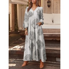 100% cotton women floral print v-neck side pocket button long sleeve pleated maxi dresses Sal