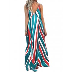 Bohemian sleeveless strap stripe swing long maxi dress Sal