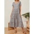 Casual floral print patchwork o-neck short sleeve pleated holiday maxi dress for women Sal